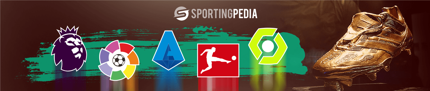 SportingPedia logo with soccer league logos and golden shoe.