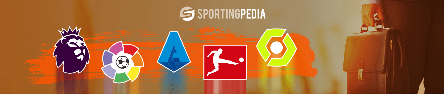 SportingPedia logo with soccer league logos and briefcase.