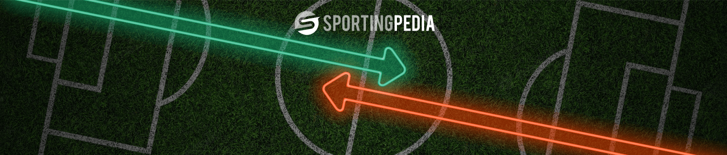 SportingPedia logo on a football field with neon arrows.