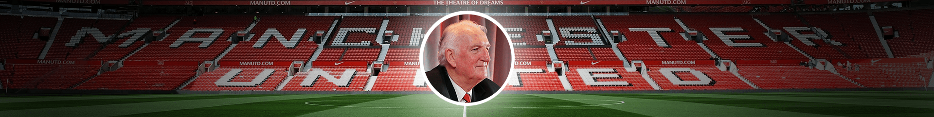 Manchester United stadium with a person in a circular inset.