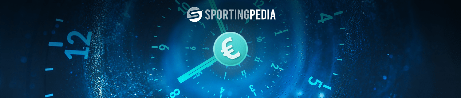Blue clock background with Sportingpedia logo and euro symbol.