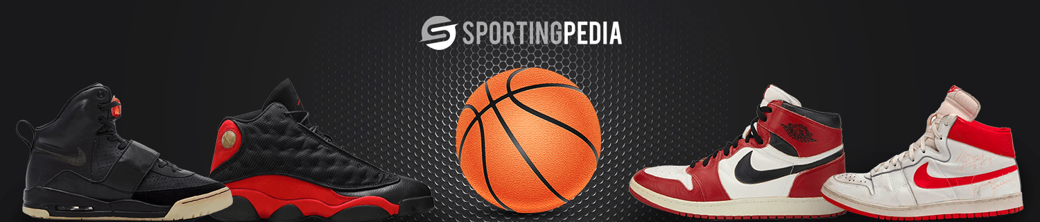 Sporting goods branding with basketball and sneakers.