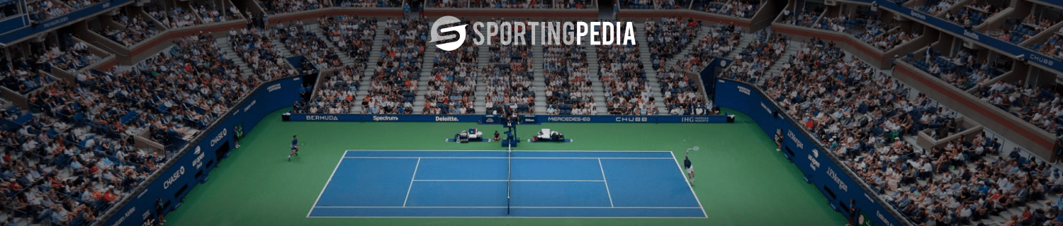 Tennis court with crowd and SportingPedia logo.