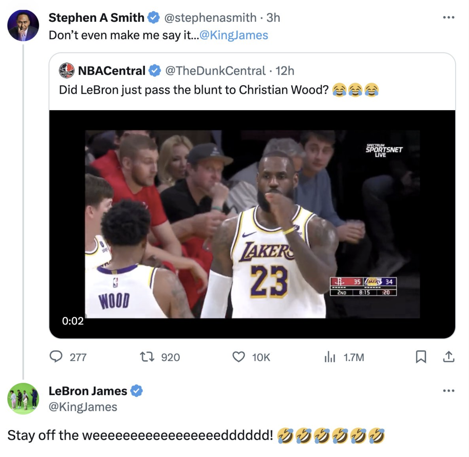 Stephen A Smith and LeBron James tweets with video clip.