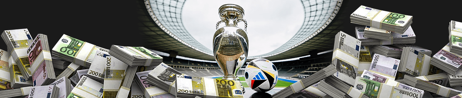 Stacks of euro bills around a trophy in a stadium.