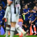 Inter players congratulate Kristjan Asllani after he scored directly from corner against Udinese