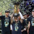 Milwaukee Bucks with the NBA Cup trophy