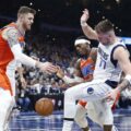 Isiah Hartenstein and Luka Doncic in a moment during Thunder-Mavericks NBA Cup game