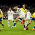 Kylian Mbappe dribbling past multiple Las Palmas players