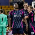 Nottingham players celebrate after scoring against Wolverhampton