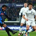Juan Cuadrado shoots towards Club Brugge's goal
