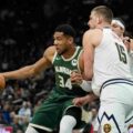 Giannis Antetokounmpo and Nikola Jokic during Bucks' win over Nuggets