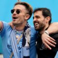 Jack Grealish and Bernardo Silva during Manchester City title celebrations