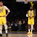 Luka Doncic and LeBron James during Lakers' loss to Charlotte Hornets