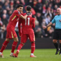 Luis Diaz and Mohamed Salah celebrate Liverpool goal against Wolverhampton