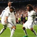 Marcelo, Cristiano Ronaldo, and Sergio Ramos celebrate Real Madrid goal