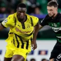 Borussia's Serhou Guirassy and Sporting's Zeno Debast during the Champions League clash between the two teams