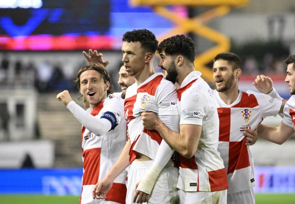 Croatia players celebrate after Ivan Perisic has put them 2-0 up against France