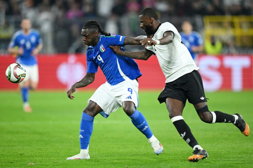 Moise Kean and Antonio Rudiger during the Nations League clash between Germany and Italy