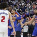 Karl-Anthony Towns and Josh Hart celebrate Knicks' win before Cade Cunningham