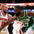 Boston Celtics' Jaylen Brown guarded by New York Knicks' Jalen Brunson