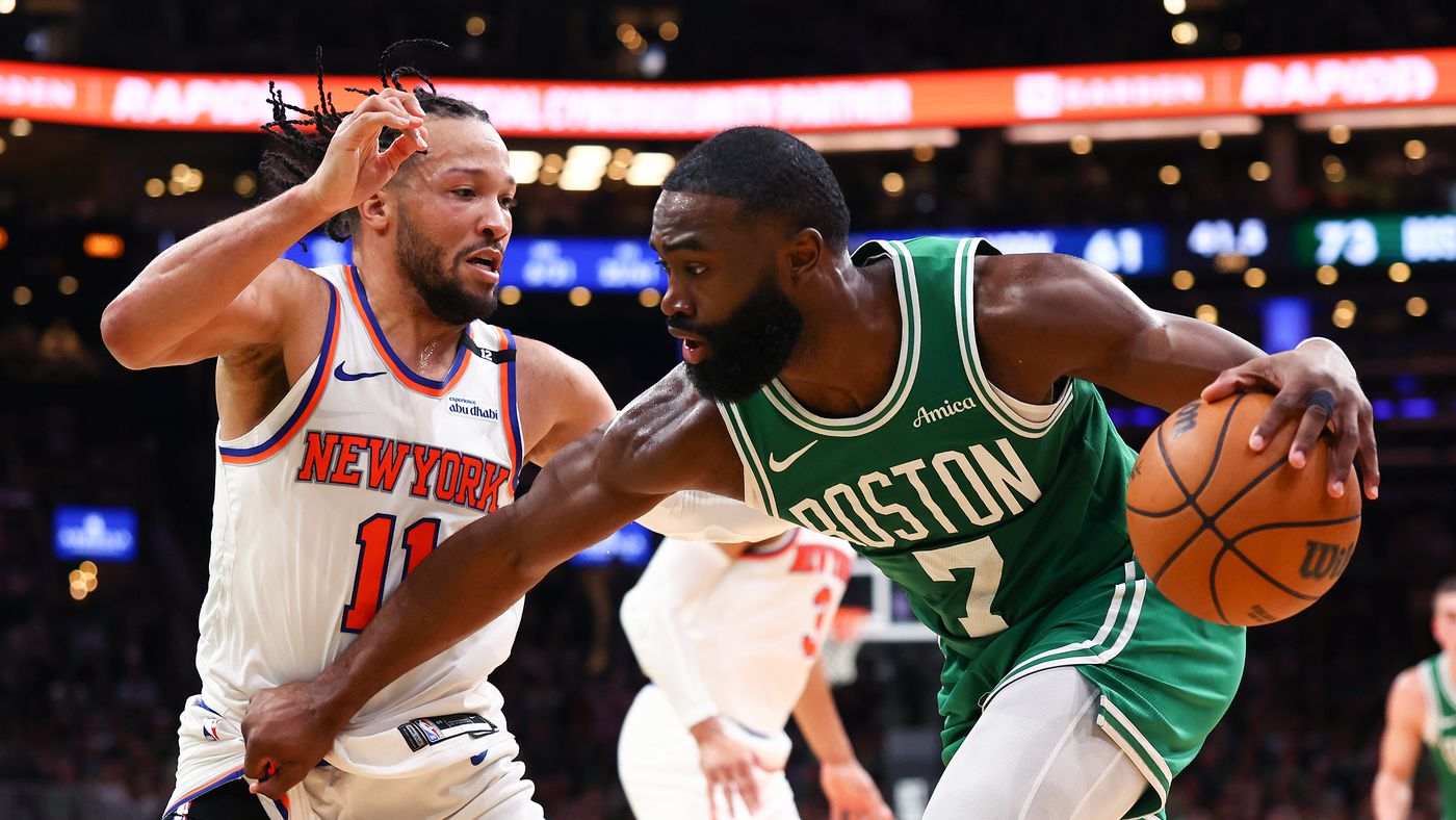 Boston Celtics' Jaylen Brown guarded by New York Knicks' Jalen Brunson