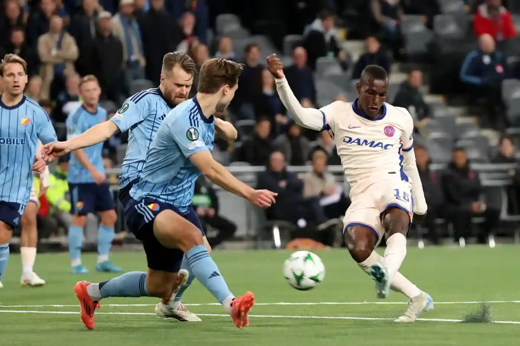 Chelsea striker Nico Jackson shoots towards Djurgarden's net