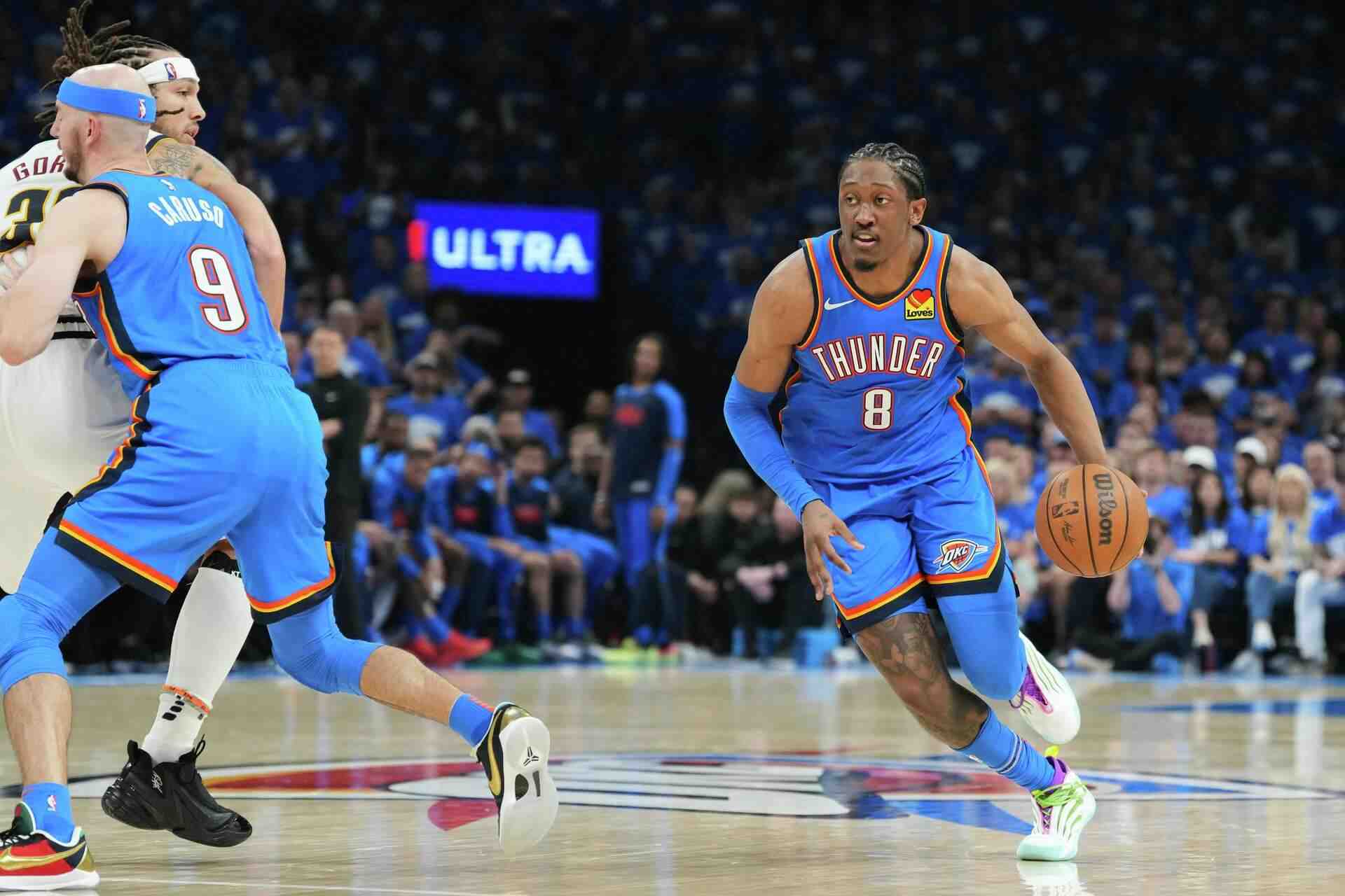 Oklahoma City Thunder forward Jalen Williams dribbles the ball