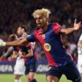 Lamine Yamal celebrates after scoring against Inter in the Champions League