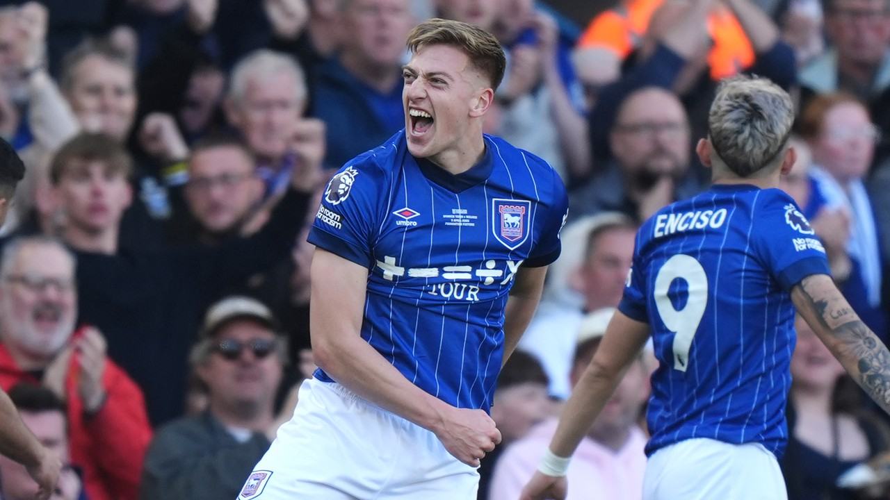 Liam Delap celebrates after scoring for Ipswich