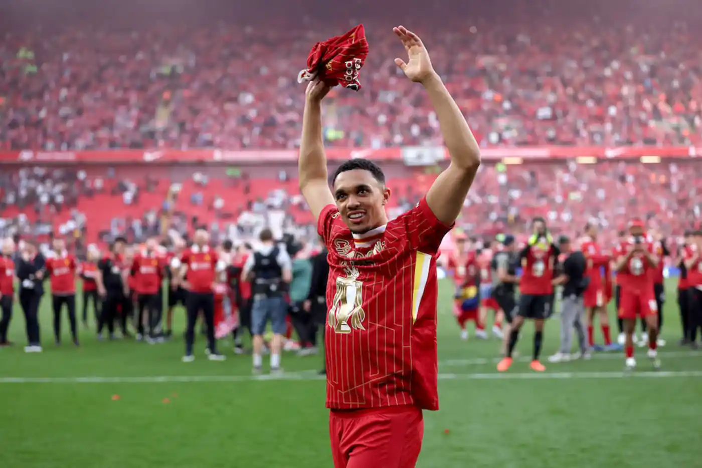 Trent Alexander Arnold celebrates Liverpool's 20th English title