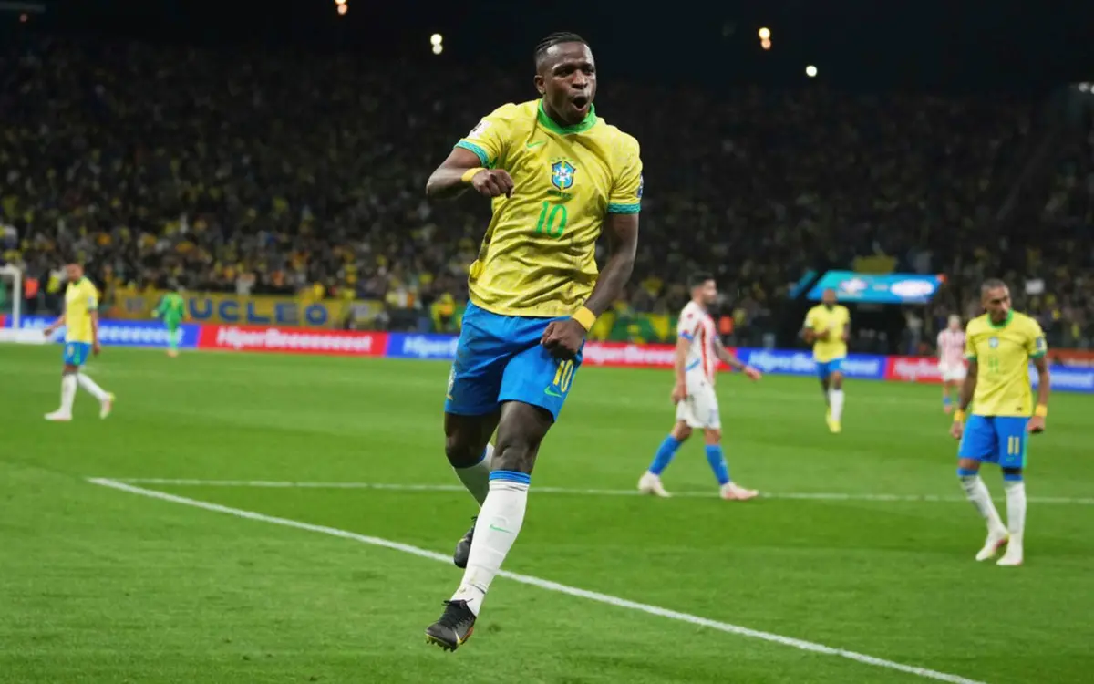 Vinicius Junior celebrates after scoring to put Brazil 1-0 up against Paraguay