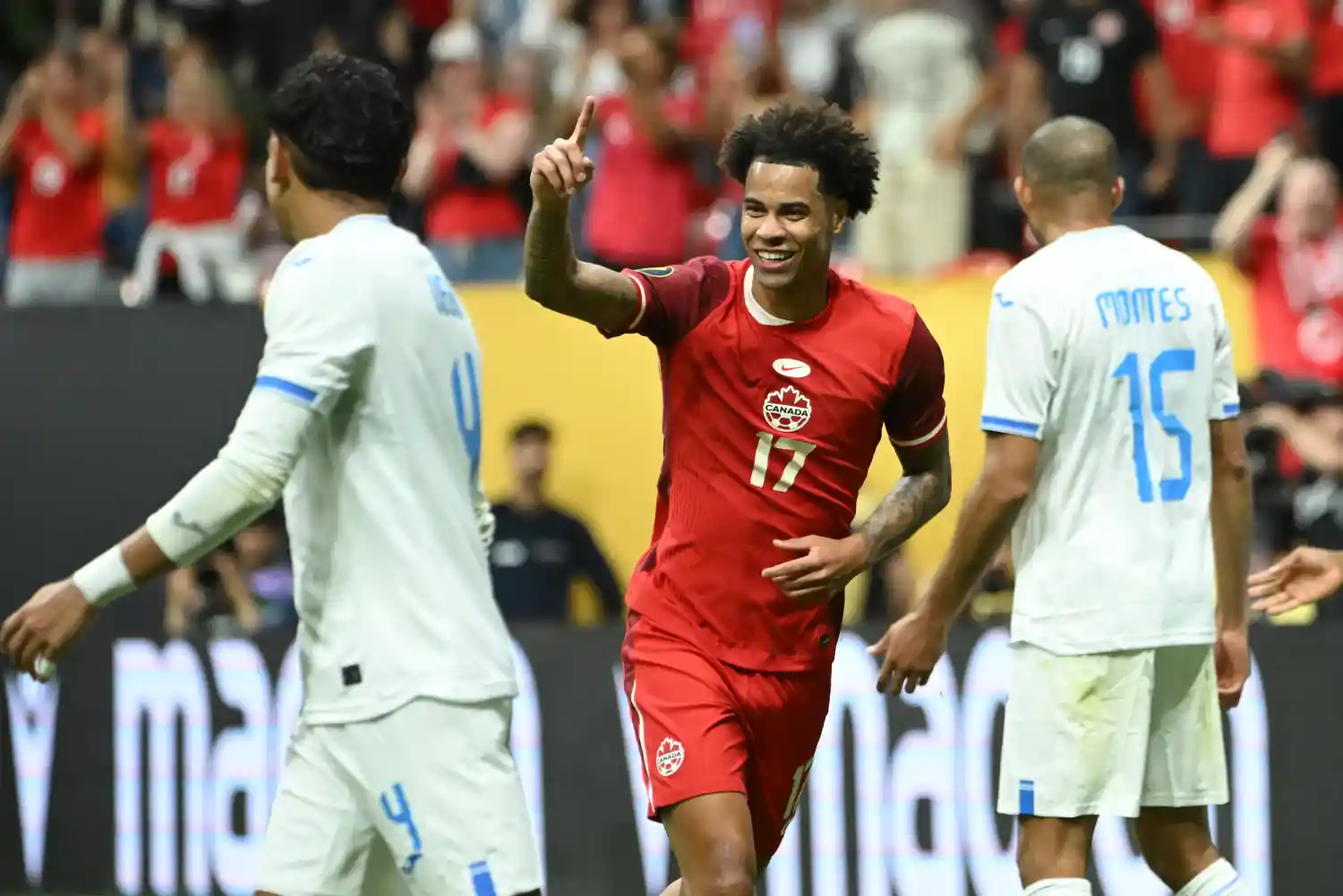 Tajon Buchanon celebrates after scoring for Canada against Honduras in a Gold Cup match