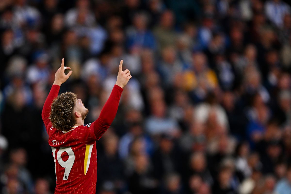 Liverpool midfielder Harvey Elliot pointing to the sky