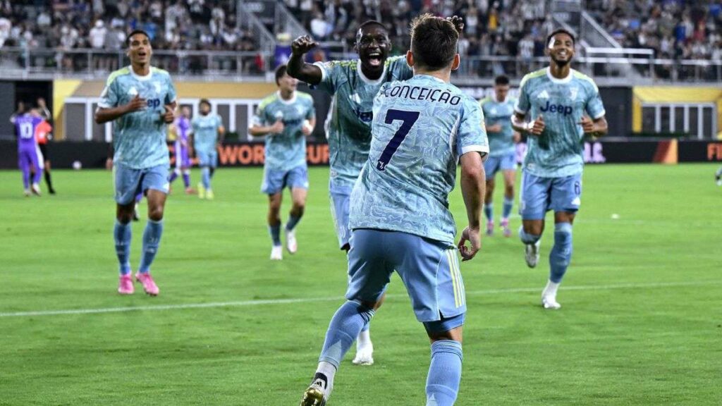 Francisco Conceicao celebrates with his Juventus teammates after scoring against Al Ain