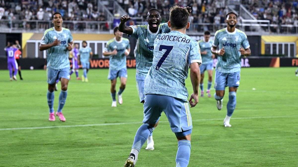 Francisco Conceicao celebrates with his Juventus teammates after scoring against Al Ain