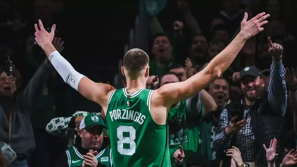 Kristaps Porzingis greeting Boston Celtics fans