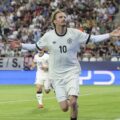 Nick Woltemade celebrates after scoring in the Euro U21 Championship for Germany