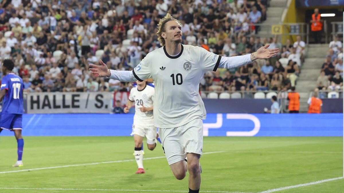 Nick Woltemade celebrates after scoring in the Euro U21 Championship for Germany