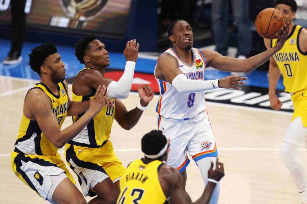 Jalen Williams attacks Indiana's basket in Game 5 of the NBA Finals