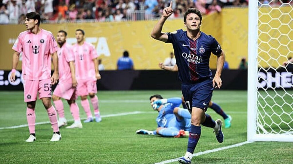 Joao Neves celebrates after scoring against Inter Miami