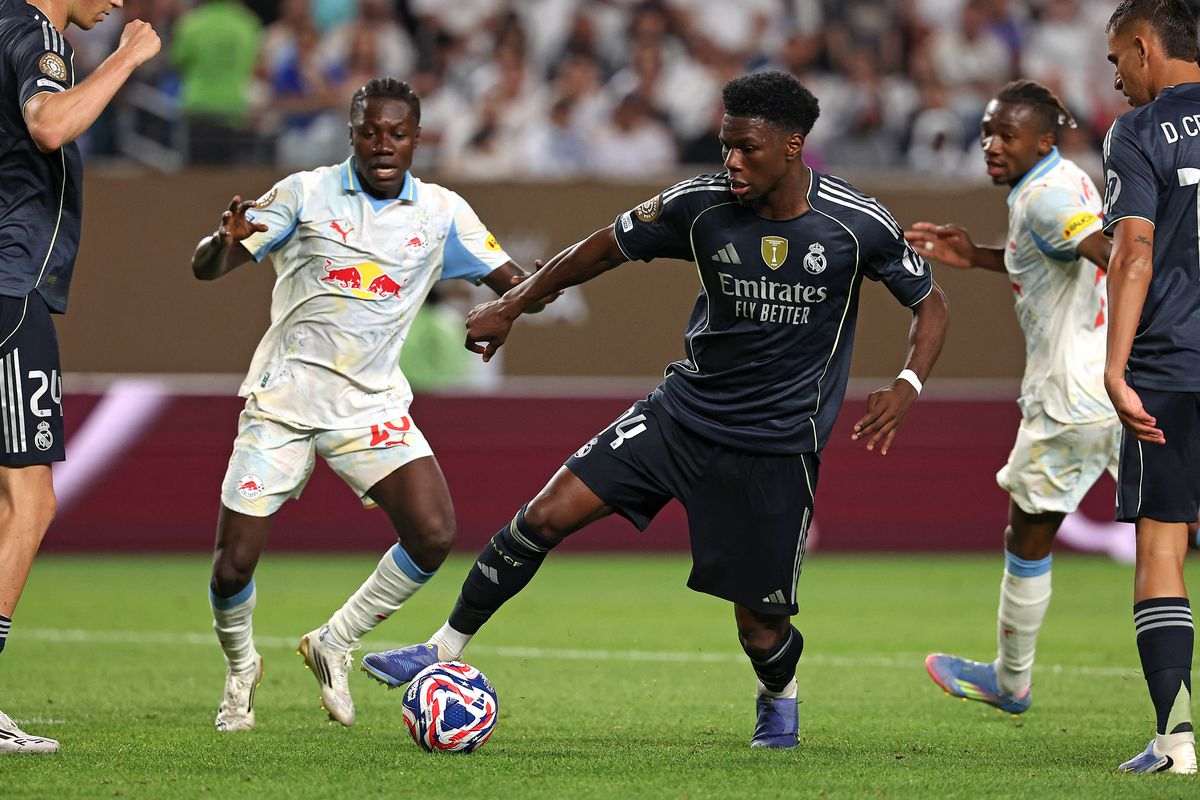 Aurelien Tchouameni protecting the ball against RB Salzburg