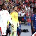 Rafael Leao and Bukayo Saka coming out for the pre-season friendly game between Arsenal and Milan