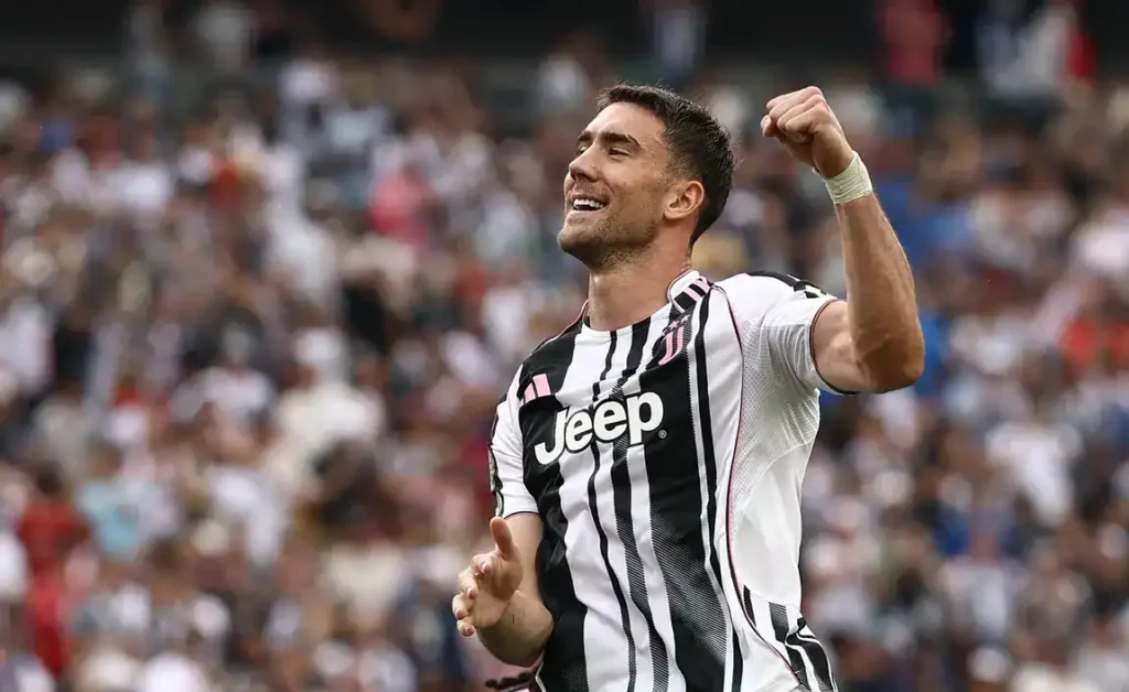 Juventus striker Dusan Vlahovic celebrates after scoring a goal