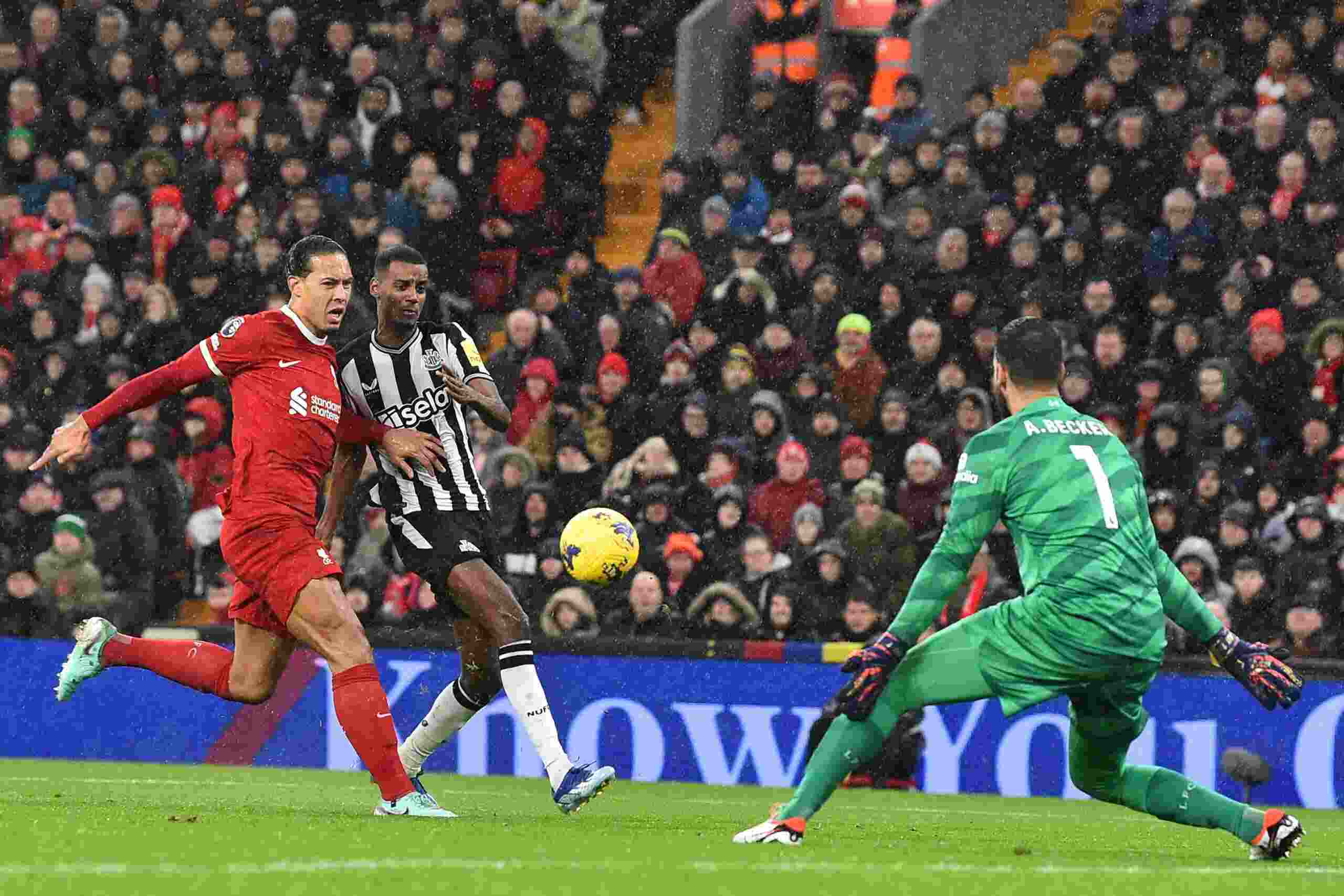 Alexander Isak shoots towards Liverpool goal under pressure by Virgil Van Dijk