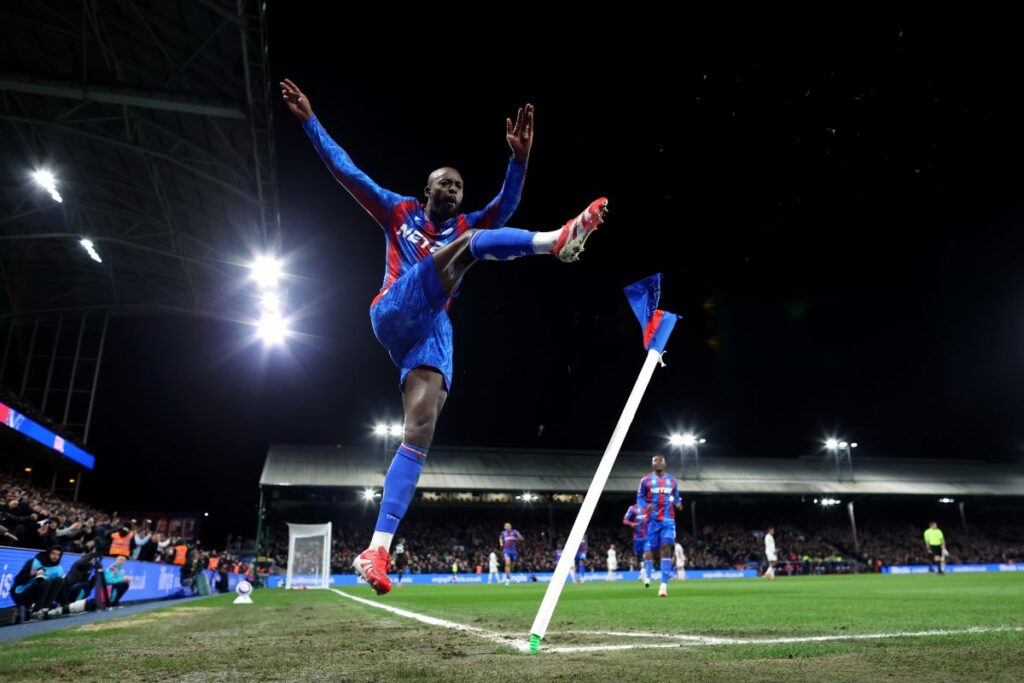 Crystal Palace striker Jean Philippe Mateta celebrates after scoring a goal