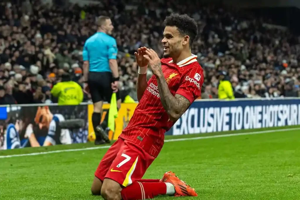 Luis Diaz celebrates after scoring for Liverpool