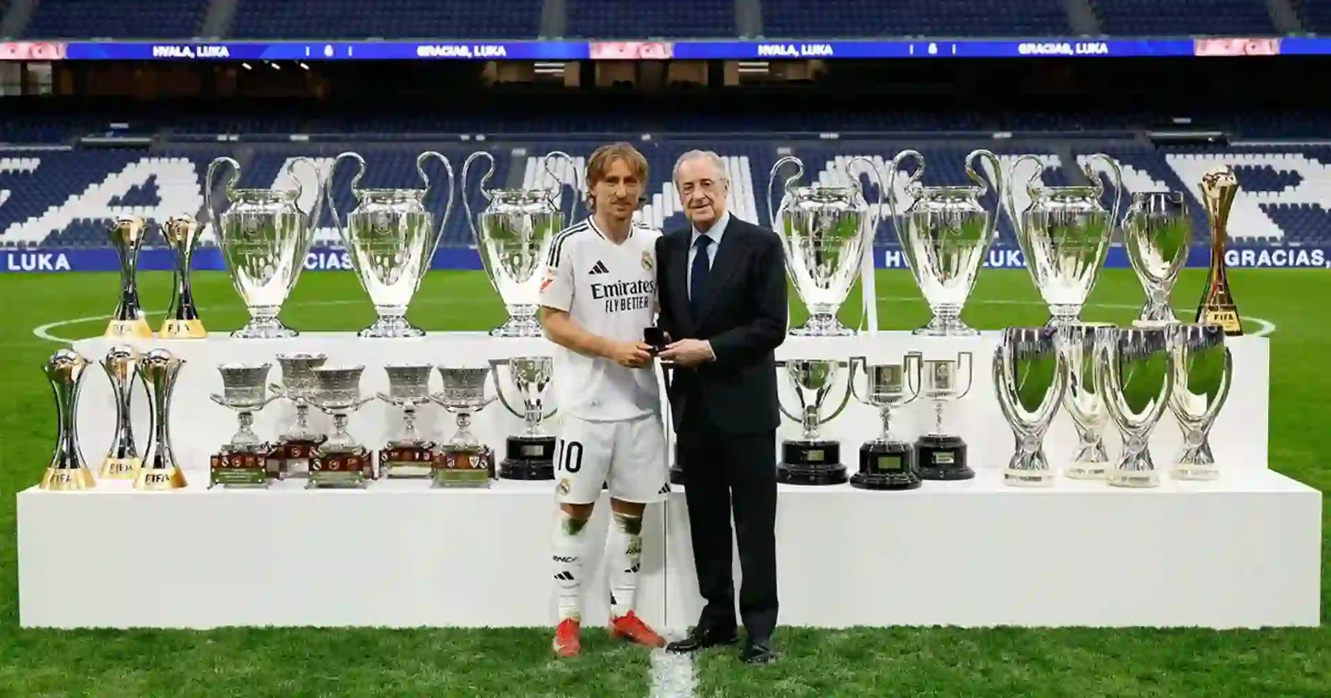 Real Madrid legend Luka Modric and club president Florentino Perez