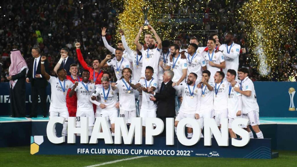 Real Madrid triumphing with the 2022 Club World Cup trophy