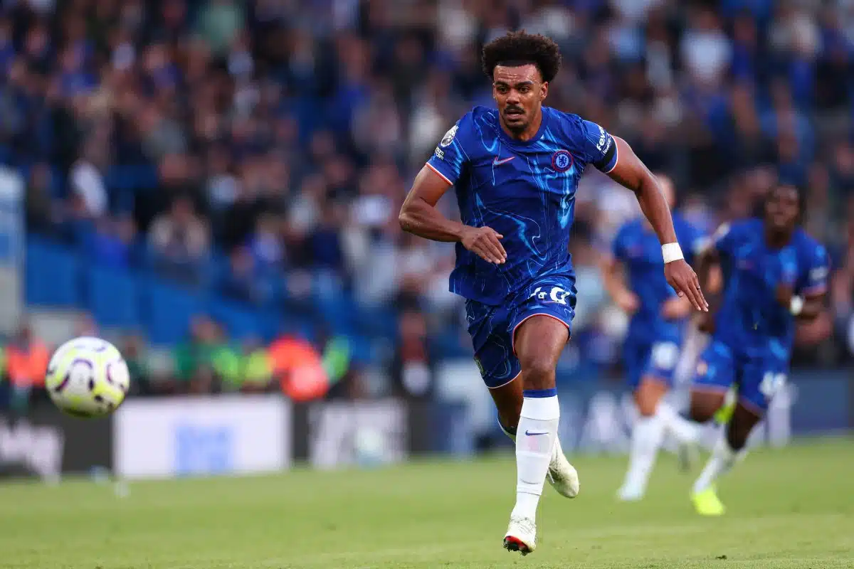 Chelsea defender Renato Veiga sprinting for the ball